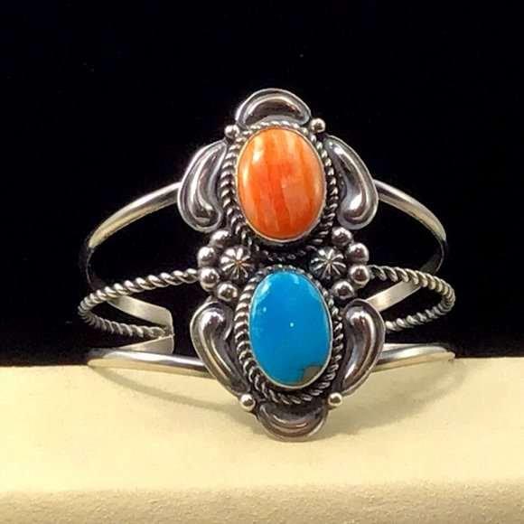 Sterling Silver Native American Cuff Bracelet Spiny Oyster Turquoise 38.3g 6.75”